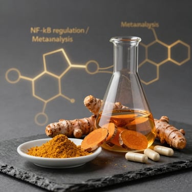 Fresh turmeric root, curcumin powder, and supplement capsules with a laboratory flask for meta-analysis.