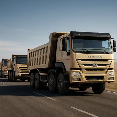 a row of yellow and blue construction machines