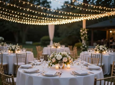 A beautifully decorated outdoor wedding reception table under a canopy of warm fairy lights at dusk.