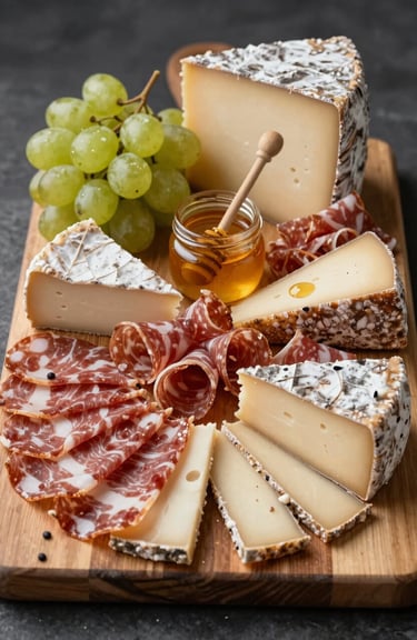 Large artisanal charcuterie and cheese board with grapes and honey, styled for a luxury buffet.