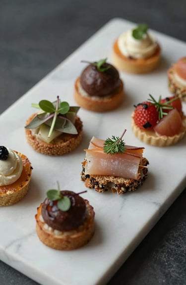 Close-up of exquisitely plated appetizers on a marble tray, garnished with fresh herbs, elegant lighting.