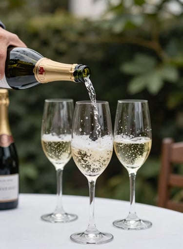 Sparkling wine being poured into crystal flutes during a celebratory toast at an outdoor garden event.