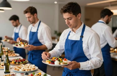 Professional waitstaff in crisp white shirts and steel blue aprons serving hors d'oeuvres at a modern reception in Portugal.