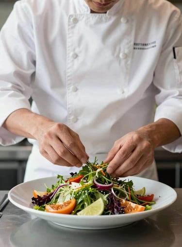 A chef in a clean white coat carefully adding finishing touches to a colorful seasonal salad.
