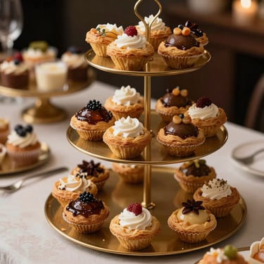 A sophisticated dessert table with traditional Portuguese pastries arranged in a contemporary gold tier display.