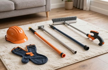 Professional chimney sweeping tools and safety gear arranged neatly on a soft off-white drop cloth inside a clean North American / US living room.