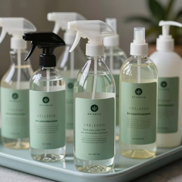 A collection of high-end eco-friendly cleaning supplies in clear glass bottles with sage green labels, arranged on a light blue tray.