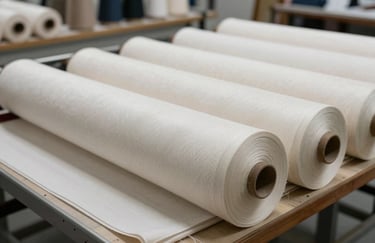 High-end fashion textile rolls in a bright, well-organized North American studio, focusing on the texture and quality of the garment manufacturing process.