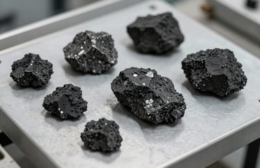 Close-up of high-quality iron ore samples on a clean industrial desk, representing the raw material excellence of the trading division, neutral lighting.