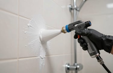 Action shot of a gloved hand using a professional spray tool to apply a smooth white coating to a shower wall, clean and precise, bright interior lighting.