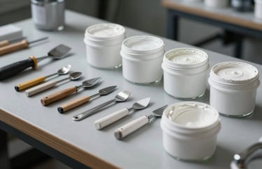 Set of high-quality professional finishing tools and containers of white glaze on a clean workstation, soft industrial lighting, gray and white palette.