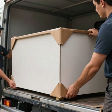 Close up photography of professional movers placing protective cardboard corners on a large piece of furniture before loading it into a truck.