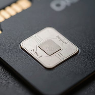 Close-up of a high-tech security chip on a sleek black card, macro photography, futuristic atmosphere with subtle yellow light leaks.