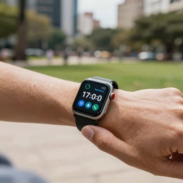 A close-up of a digital payment confirmation on a smartwatch screen, held by a person in a South American urban park, bright and optimistic lighting.