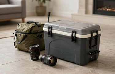 A set of high-quality camping gear and a portable cooler box placed on a clean tile floor of a modern South American home, photography focused on the durability and readiness of the objects.