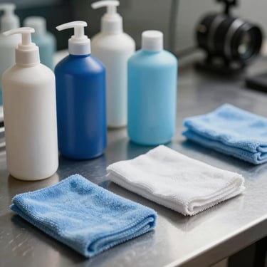 Still life photography of professional automotive ceramic coating bottles and microfiber applicators on a clean metallic surface, soft focus, elegant lighting, Delft Blue and Silver Lake Blue color scheme.