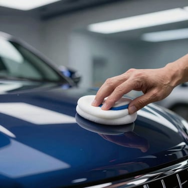 Macro shot of a detailer applying premium wax to a dark blue car hood using a foam applicator, bokeh background showing a modern Lebanon workshop, elegant Oxford Blue and Yankee Blue tones.