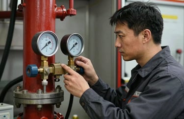 A technician wearing dark charcoal workwear inspecting a pressure gauge on a fire pump system with focused, professional lighting.