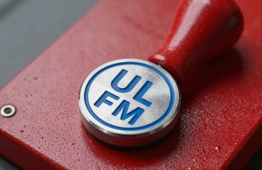 Macro photography of an industrial certification seal on a red metal surface, highlighting the UL FM logo with soft steel blue metallic accents.