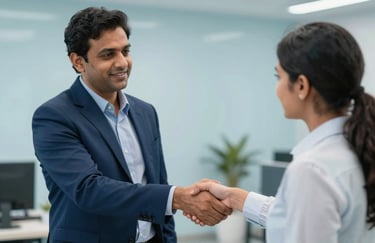 A supportive South Asian / Indian professional shaking hands with a client in a sleek, deep blue and light blue office setting.