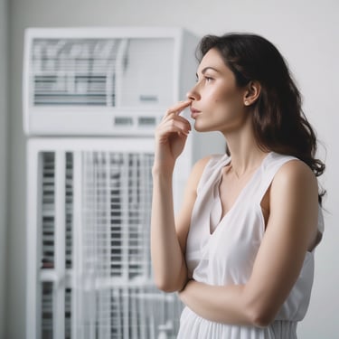 A thoughtful woman standing in front of a modern home air conditioning unit for indoor cooling.