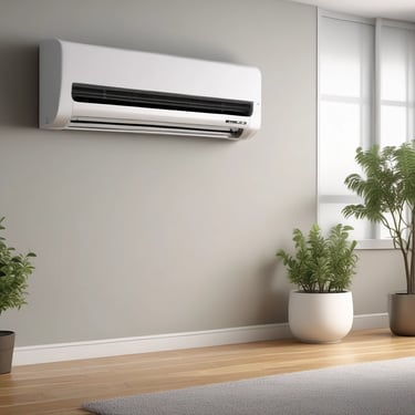 Modern white ductless mini split air conditioner mounted on a gray wall in a minimalist living room.