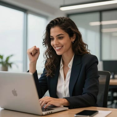 A professional Brazilian woman in business attire looking at a laptop screen with a look of success, bright and modern South American office interior.