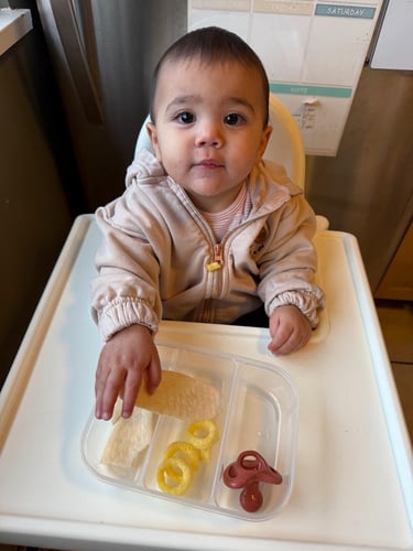 A cute baby sitting in a white high chair eating snacks from a divided plate.