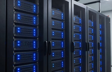 A high-tech server room with glowing blue status lights, symbolizing the digital infrastructure and electronic systems of the company.