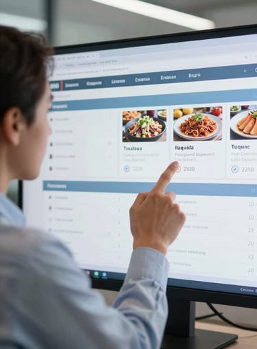 A professional consultant pointing at a digital screen showing restaurant analytics in a corporate office. Global B2B.