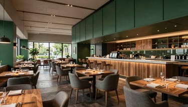 A top-down view of a professional kitchen layout blueprint on a table, featuring industrial equipment and clean architectural lines. Global B2B.