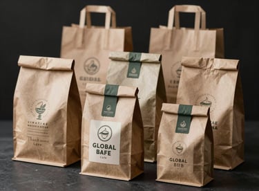 A collection of customized food packaging and branded takeaway bags for a premium cafe. Global B2B.