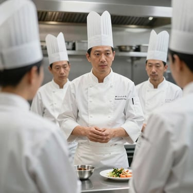 A professional chef in clean whites conducting a training session for a kitchen team in a modern facility. Global B2B.