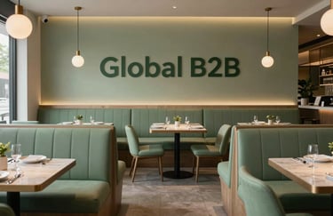 A wide shot of a modern restaurant interior with elegant sage green seating and minimalist decor. Global B2B.
