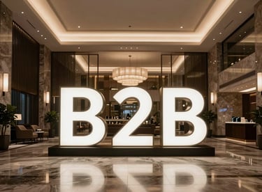 An interior shot of a sophisticated hotel lobby with modern lighting and high-end finishes. Global B2B.