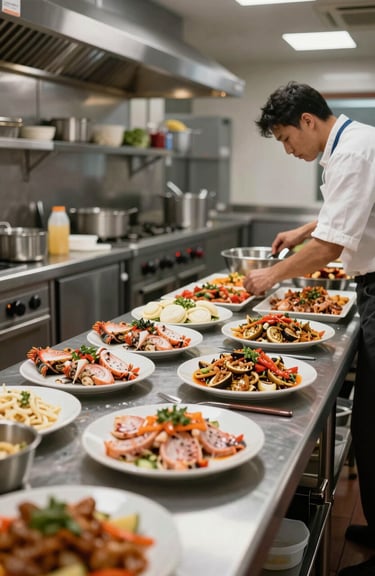 A commercial kitchen workflow with stainless steel surfaces and organized food preparation stations. Global B2B.