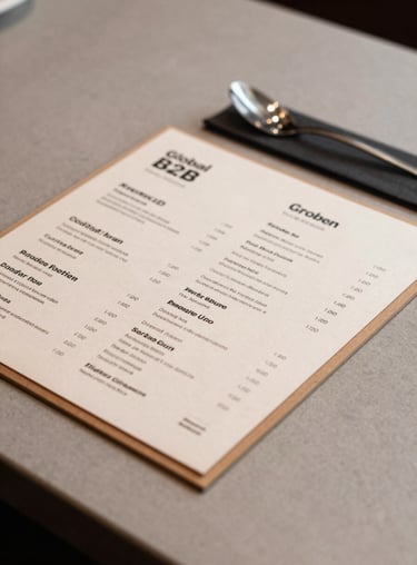 Close-up of a high-quality printed restaurant menu and branded stationary on a minimalist table. Global B2B.