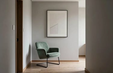 A beautifully lit interior hallway with a single designer chair in Slate Green and a minimalist art piece on a Pure Mist wall.