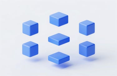 A minimalist 3D rendering of geometric shapes floating in a structured pattern, symbolizing modern design and modular software architecture, using #71A2B6.