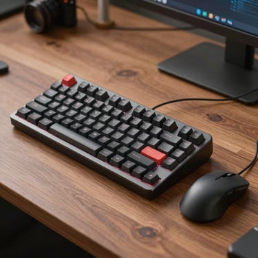 A detailed shot of a high-end mechanical keyboard and mouse on a clean wooden desk in a North American studio space.