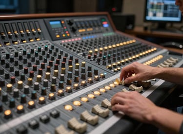 A sound engineer adjusting a large mixing console with glowing Slate Steel and gold indicators in a dark, professional control room.