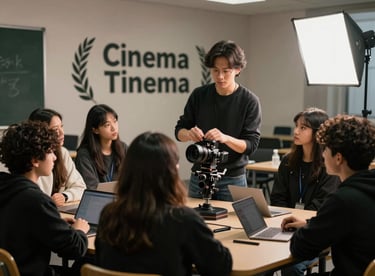 A teacher at 'Cinema Tinema' academy demonstrating film lighting techniques to a focused group of students.