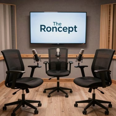 A wide shot of 'The Roncept' podcast studio featuring three professional mics and ergonomic Slate Steel chairs in a professional setup.