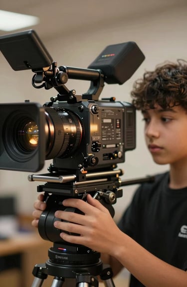 A close-up of a professional cinema camera being operated by a young student, with warm Brushed Gold light hitting the lens flare.