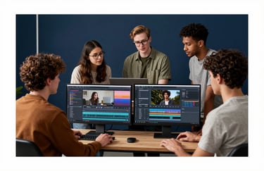 A group of diverse young creators collaborating in a sleek editing suite with Midnight Navy walls and dual Slate Steel monitors.