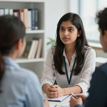 A South Asian student attentively listening during an educational counseling session in a bright, modern office with books in the background.