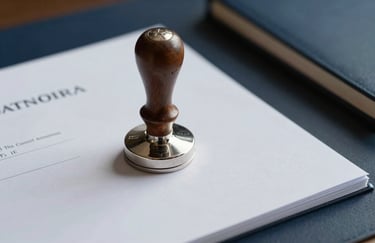A close-up shot of a silver embossed notary seal on a white legal document, professional desk setting with Dark Navy and Soft Steel Blue accents.