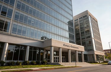A wide-angle exterior shot of a modern courthouse or glass-fronted professional building in North American / US - Maryland during daylight.
