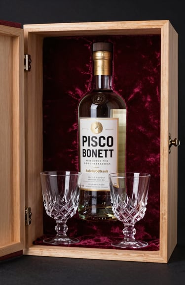 A premium wooden box set with a Pisco Bonett bottle and two crystal glasses, deep burgundy velvet lining, South American / Peruvian craftsmanship style.