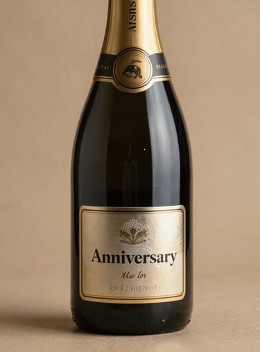 A personalized sparkling wine bottle with a custom metallic label for an anniversary, warm sand beige background.